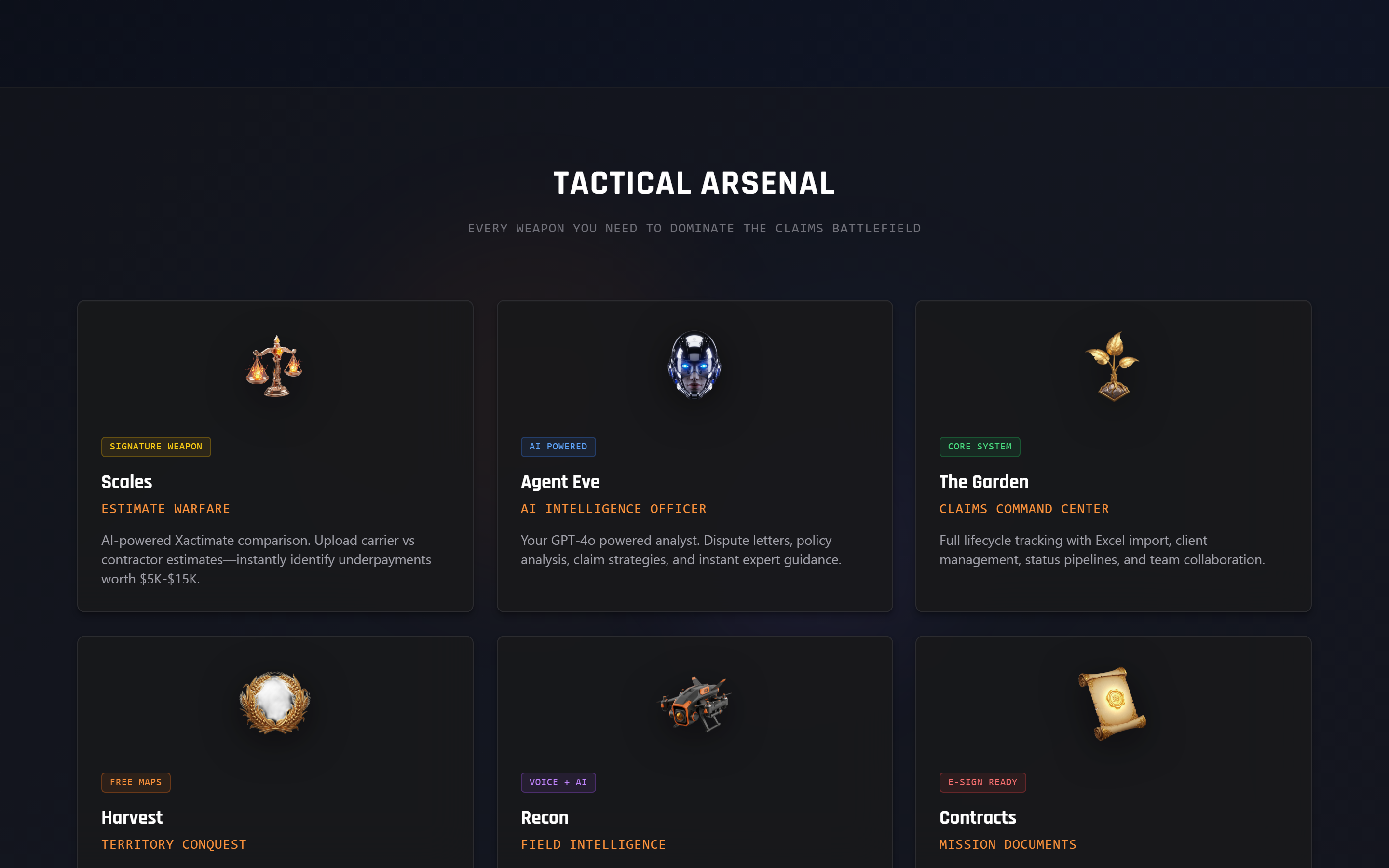 Eden Tactical Arsenal featuring Scales estimate comparison, Agent Eve AI assistant, The Garden claims dashboard, Harvest territory mapping, Recon field intelligence, and Contracts management