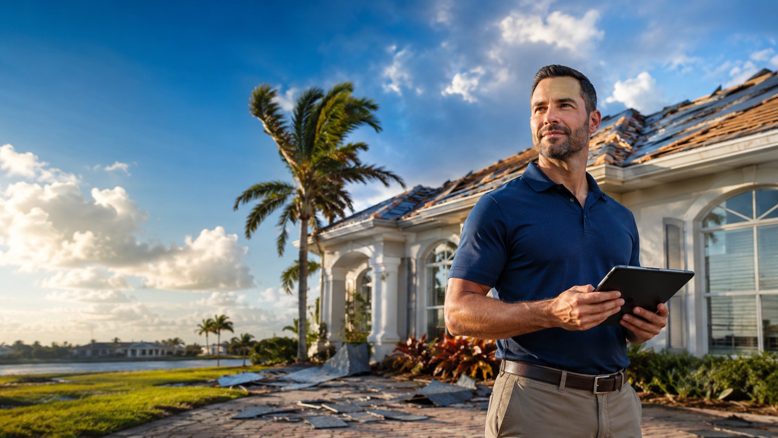 Public adjuster inspecting a storm-damaged Florida home