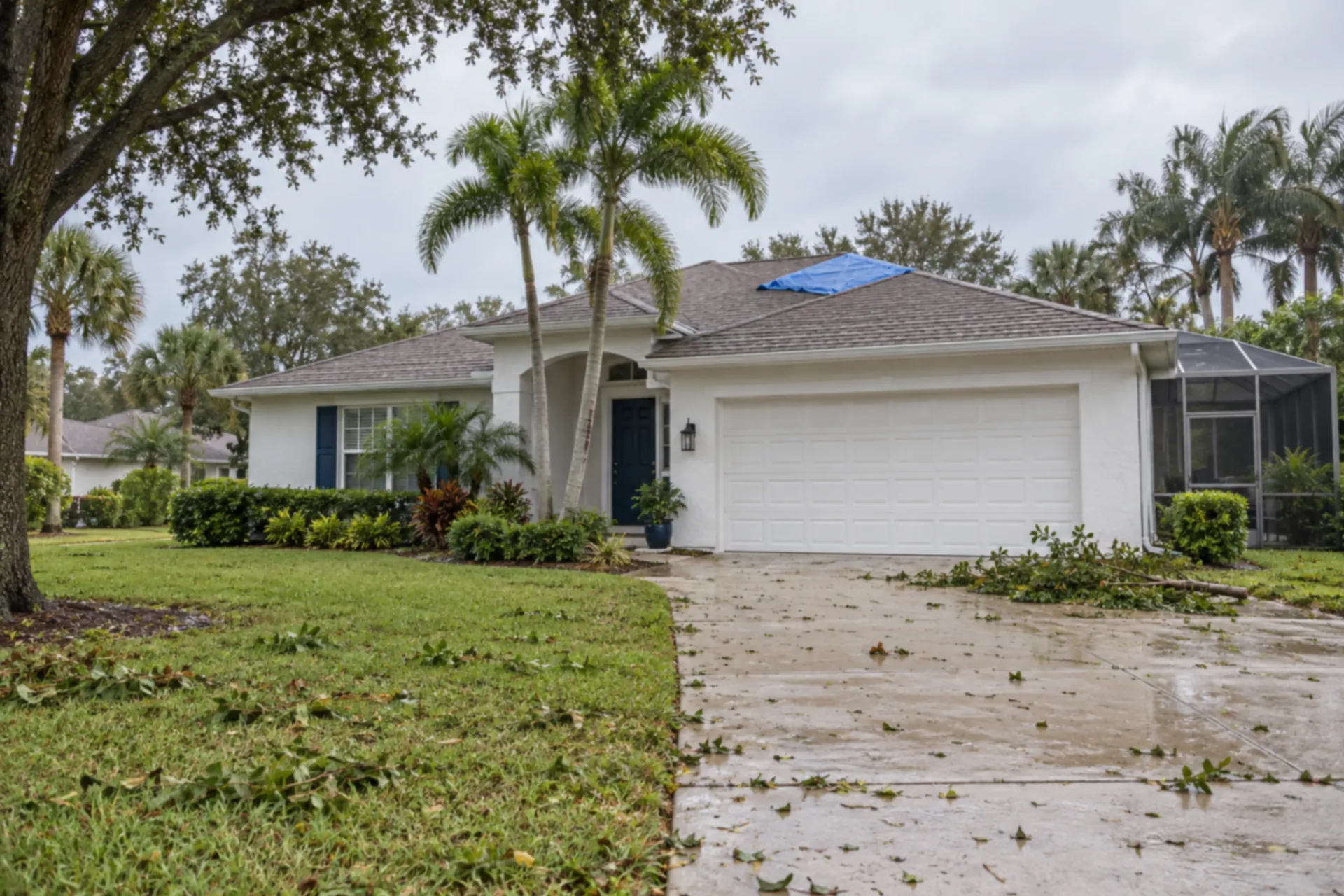 White stucco home with leafy branches on the driveway and a small blue roof tarp.