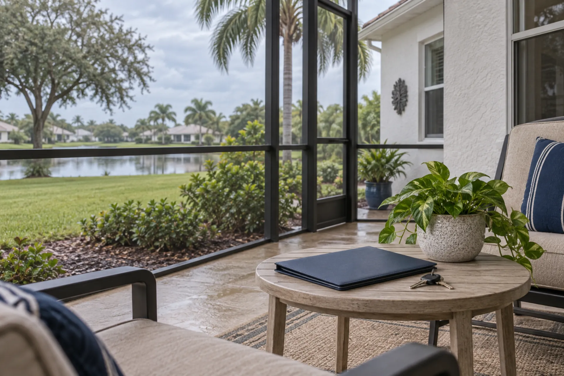 A closed navy folder and house keys on a screened porch table.