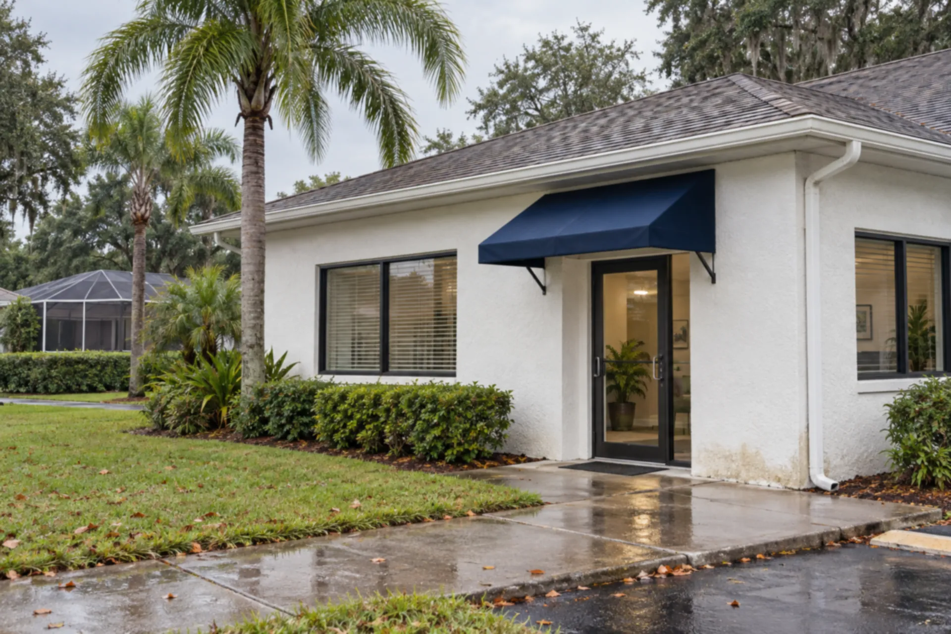 A white commercial building with a navy awning and a water mark near the ground.