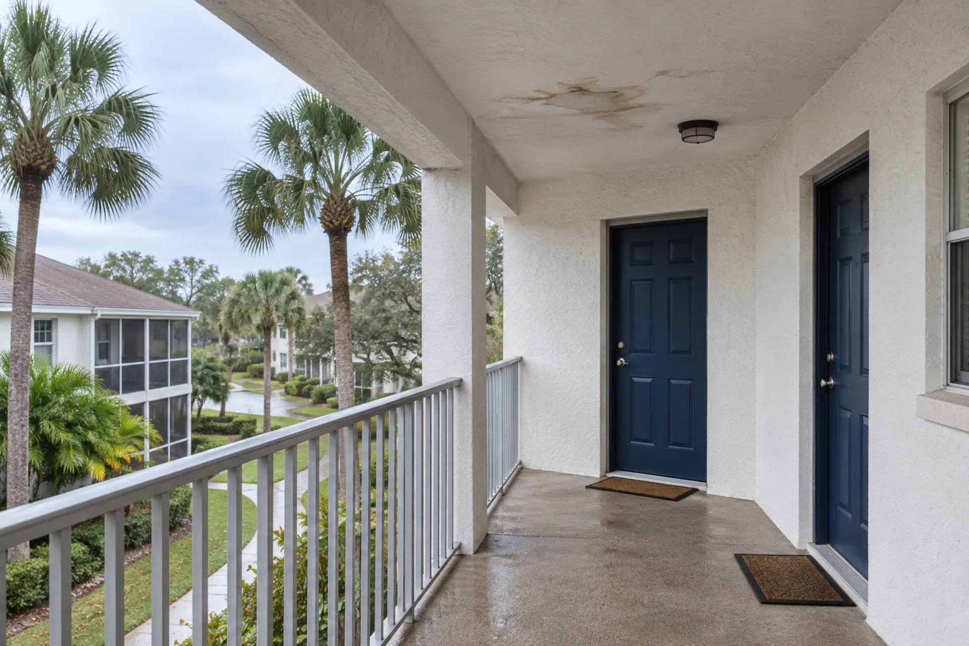 A ceiling stain along a condominium exterior corridor.