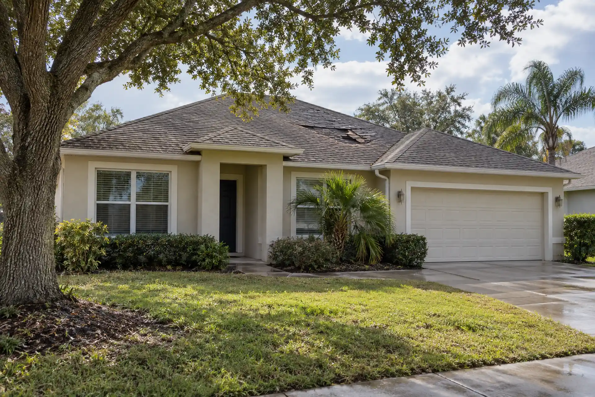 Pale stucco home beneath a live oak, with lifted shingles on the front roof slope.