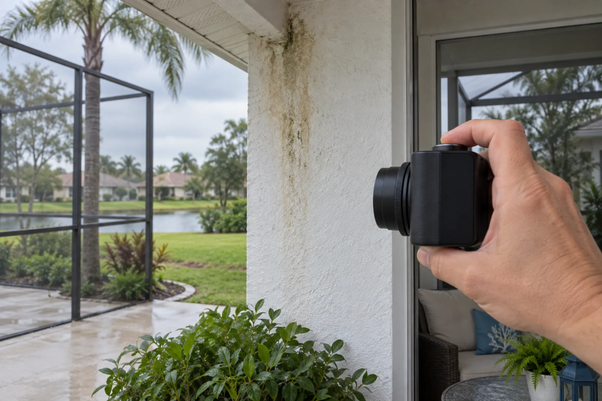 A hand holding a camera beside a stain on a stucco porch wall.