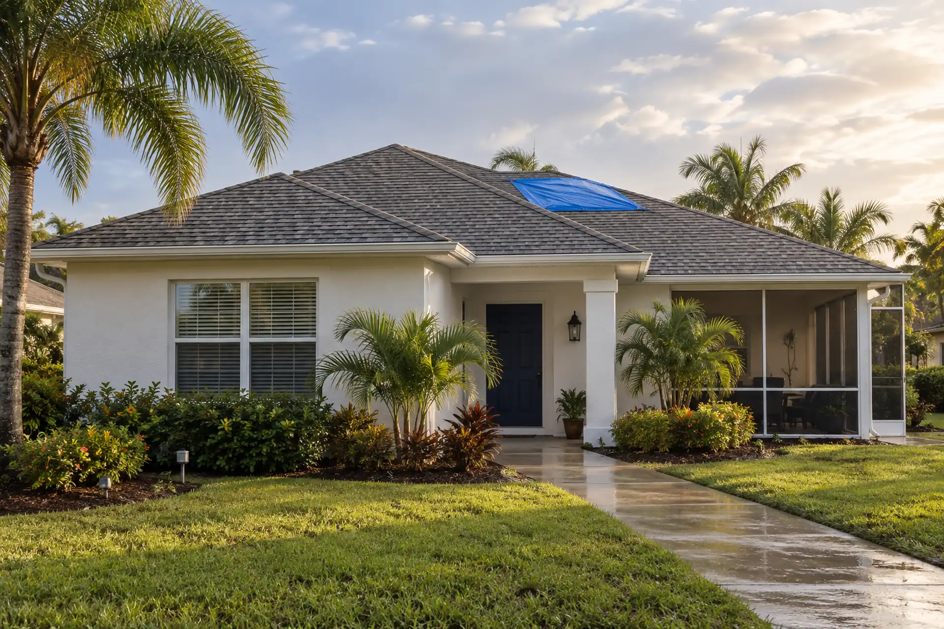 White stucco home with a small blue roof tarp and a sunlit wet front path.