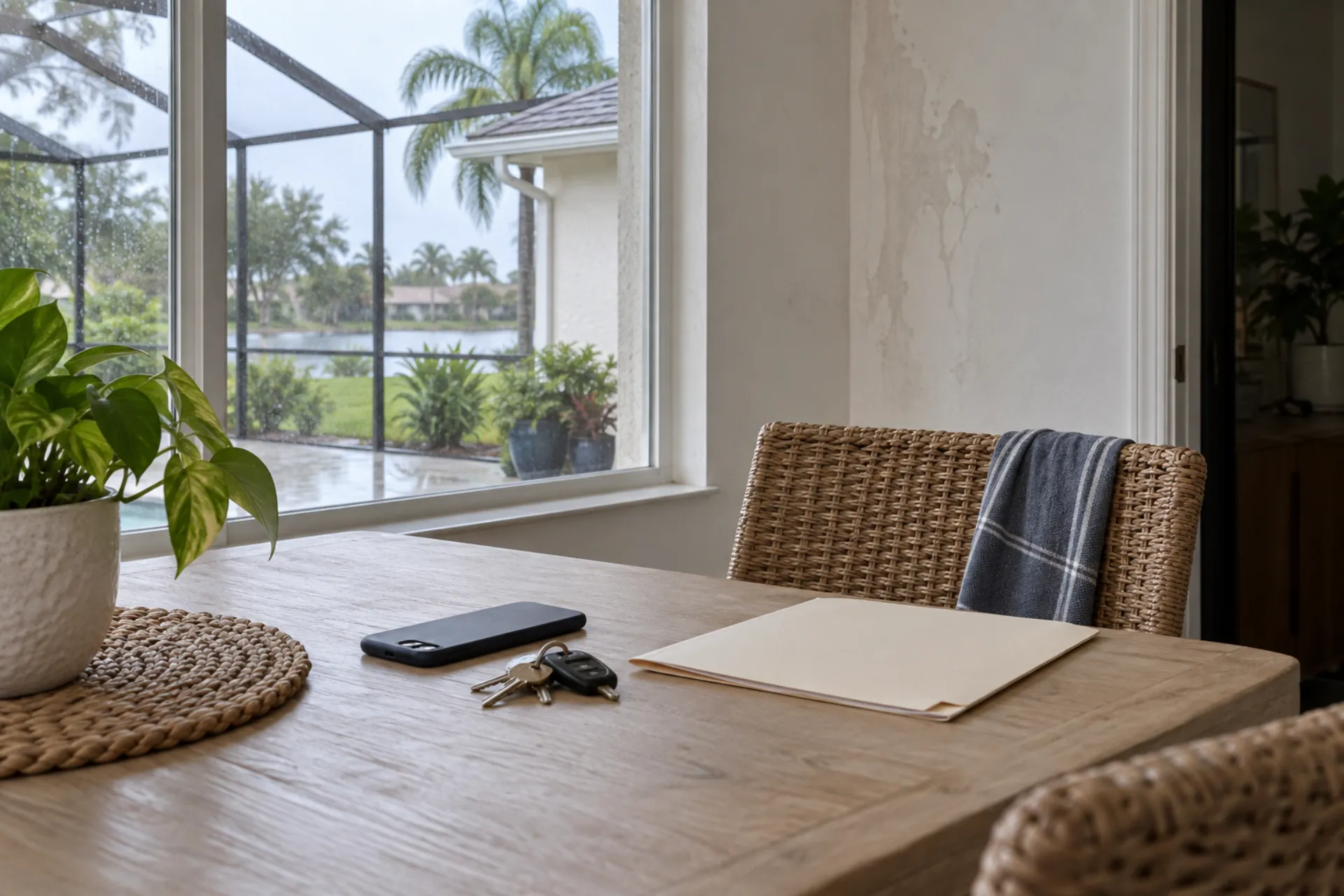 A phone, keys and a closed folder on a dining table.