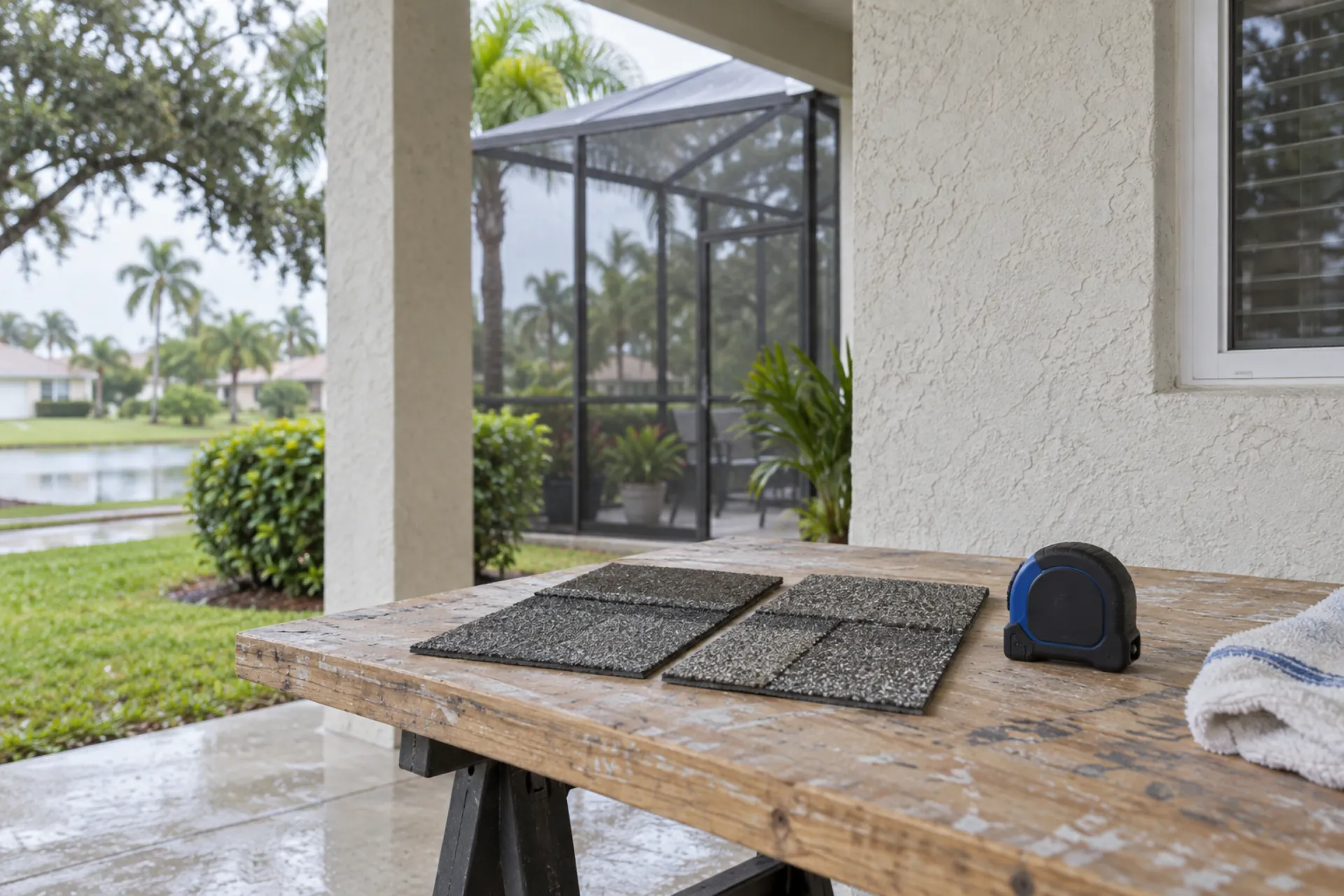 A tape measure and shingle samples on a porch work board.