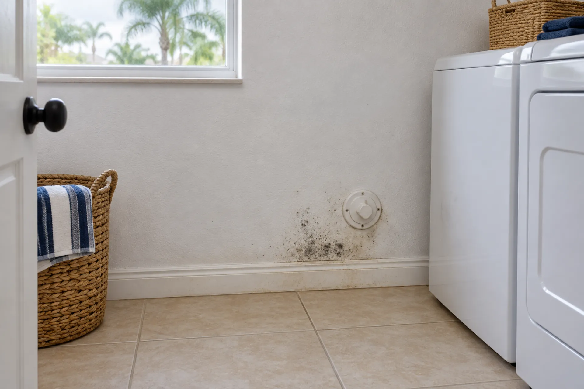 Dark spotting beside a laundry-room baseboard and access cover.