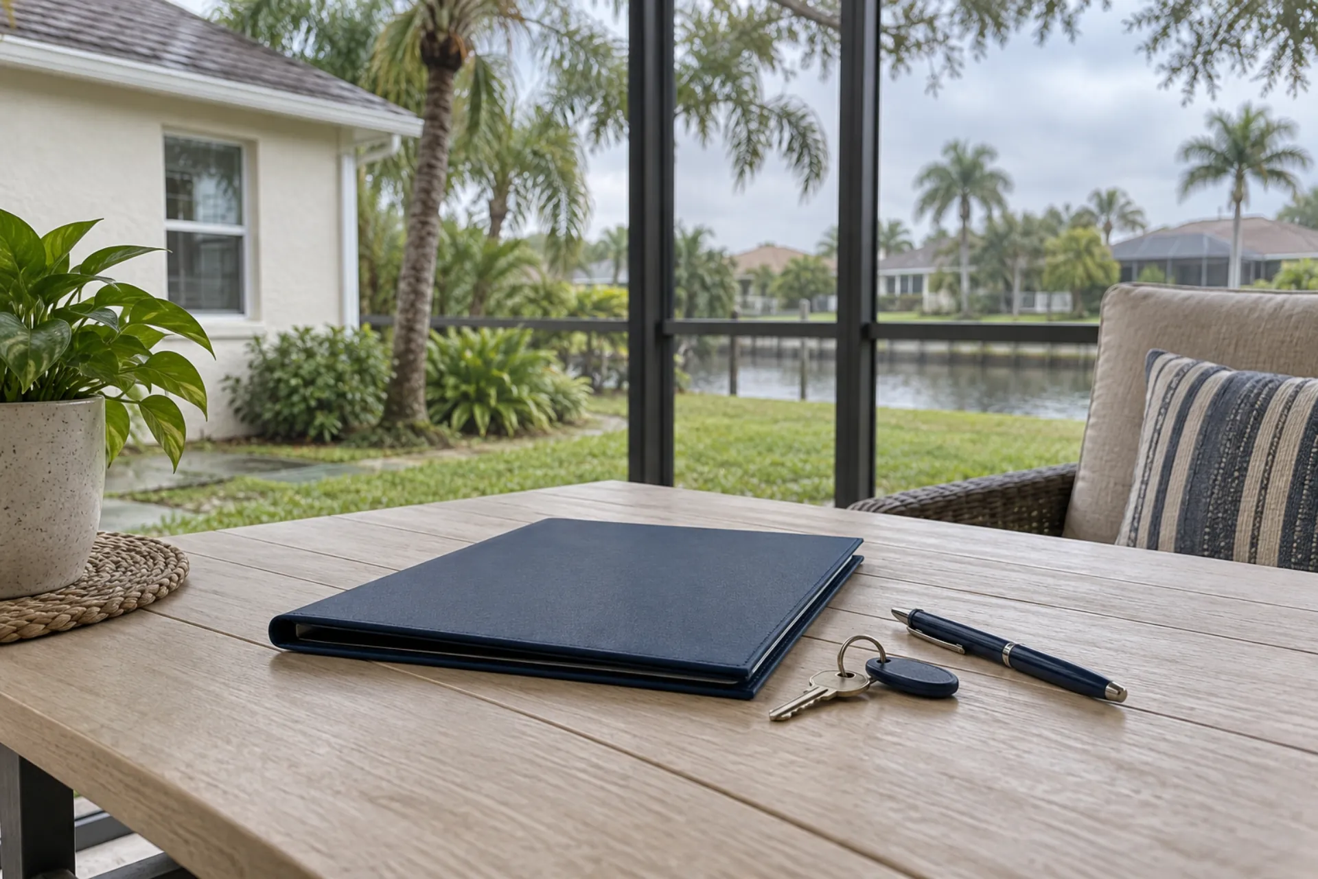 A closed folder, house key and pen on a table.