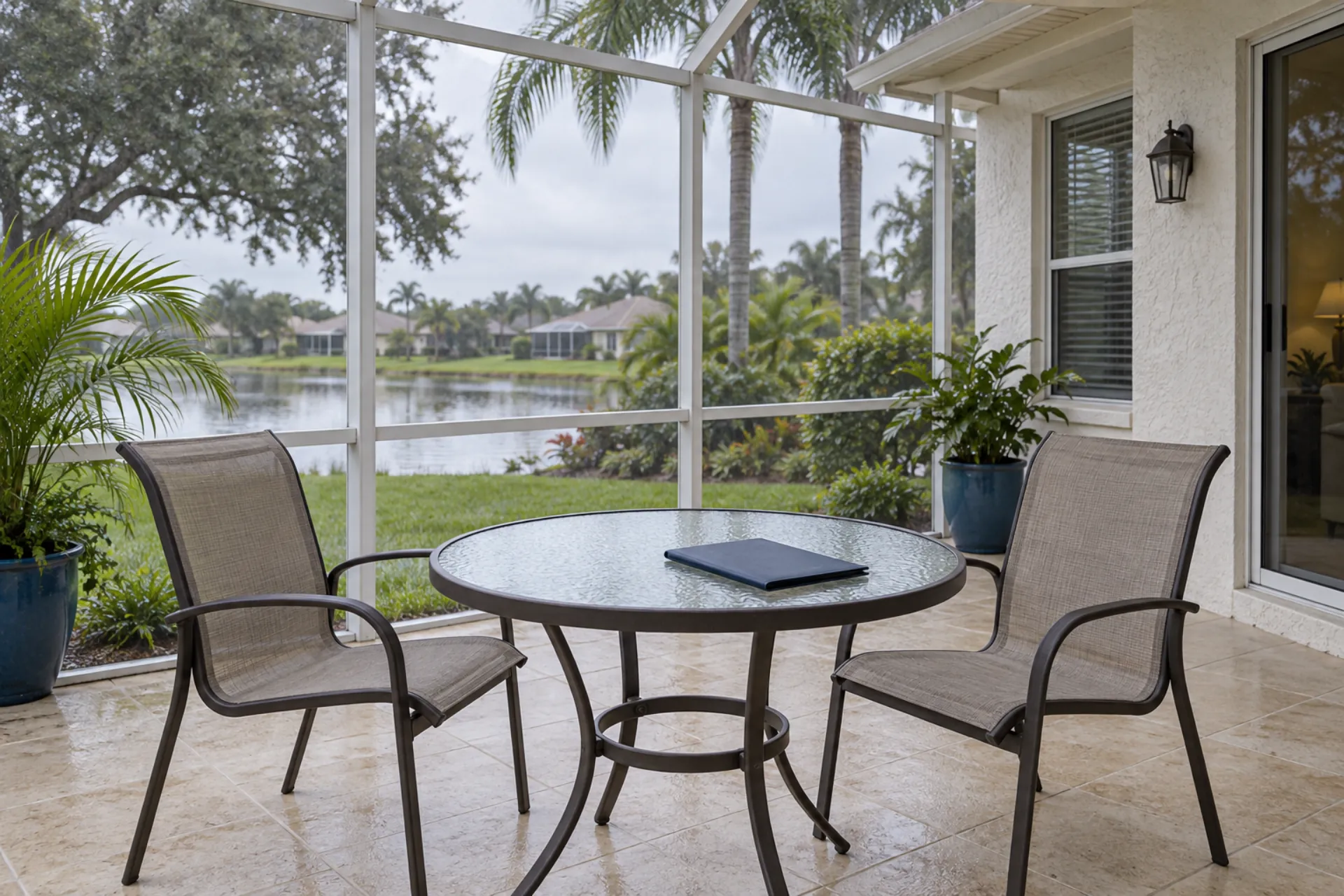 Two empty chairs beside a table on a screened lanai.