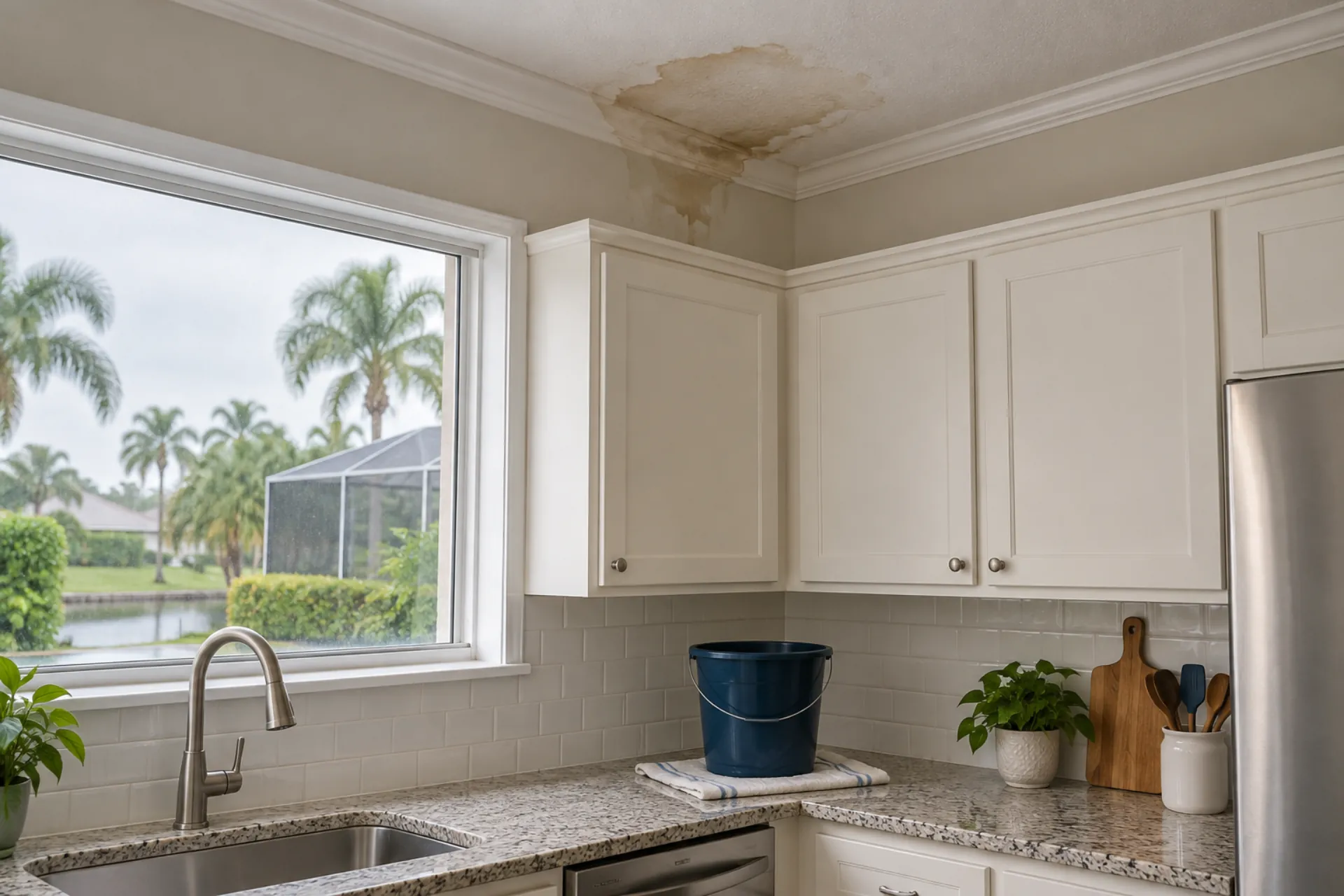 A ceiling stain above kitchen cabinets and a small bucket.