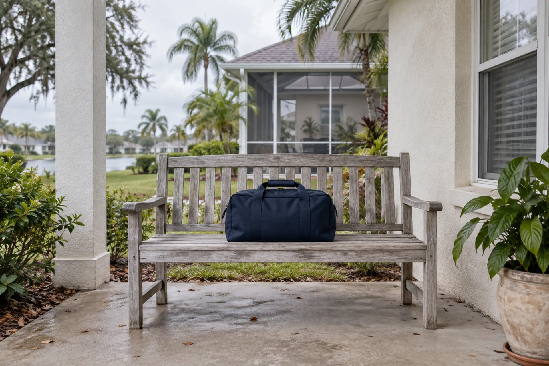 A closed navy field bag on a wooden porch bench.