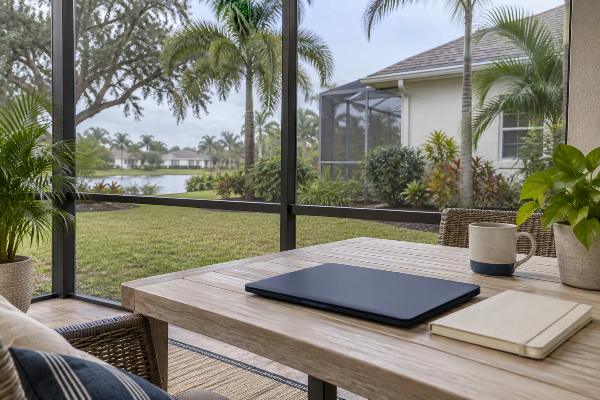 A closed laptop and notebook on a table beside a screened window.