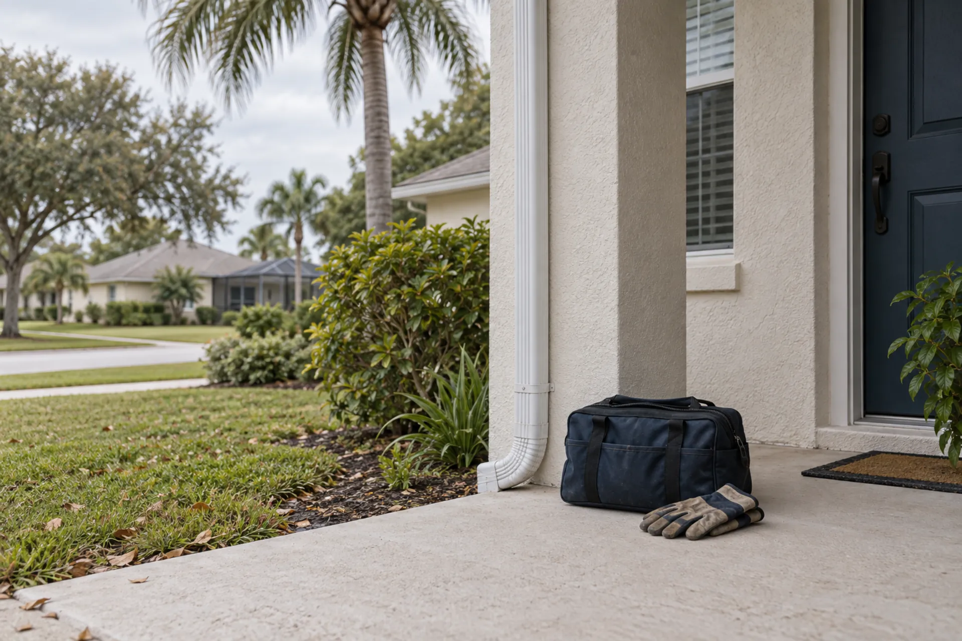 A closed tool bag and work gloves on a stucco porch.