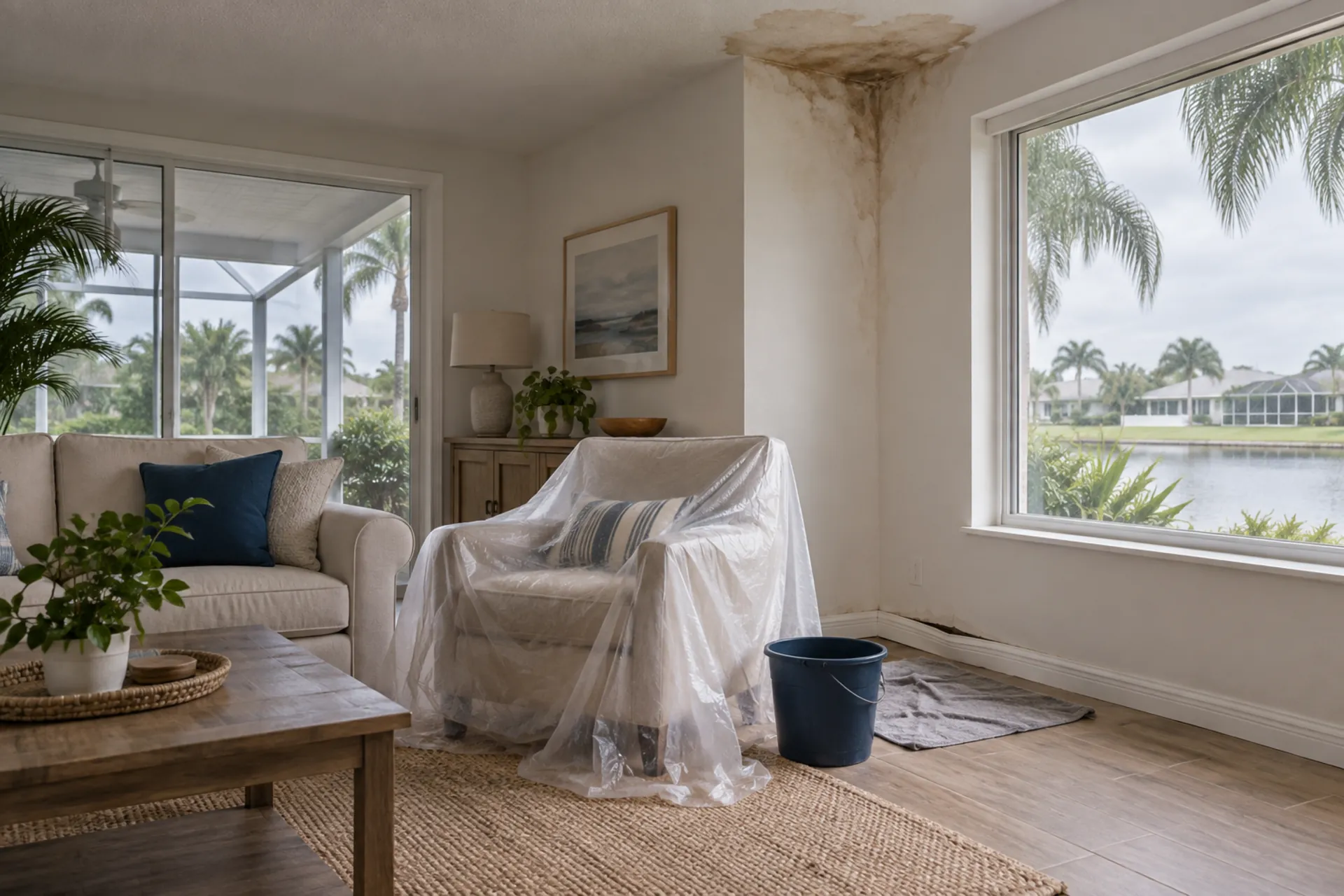 A stained ceiling corner and a covered chair in a living room.