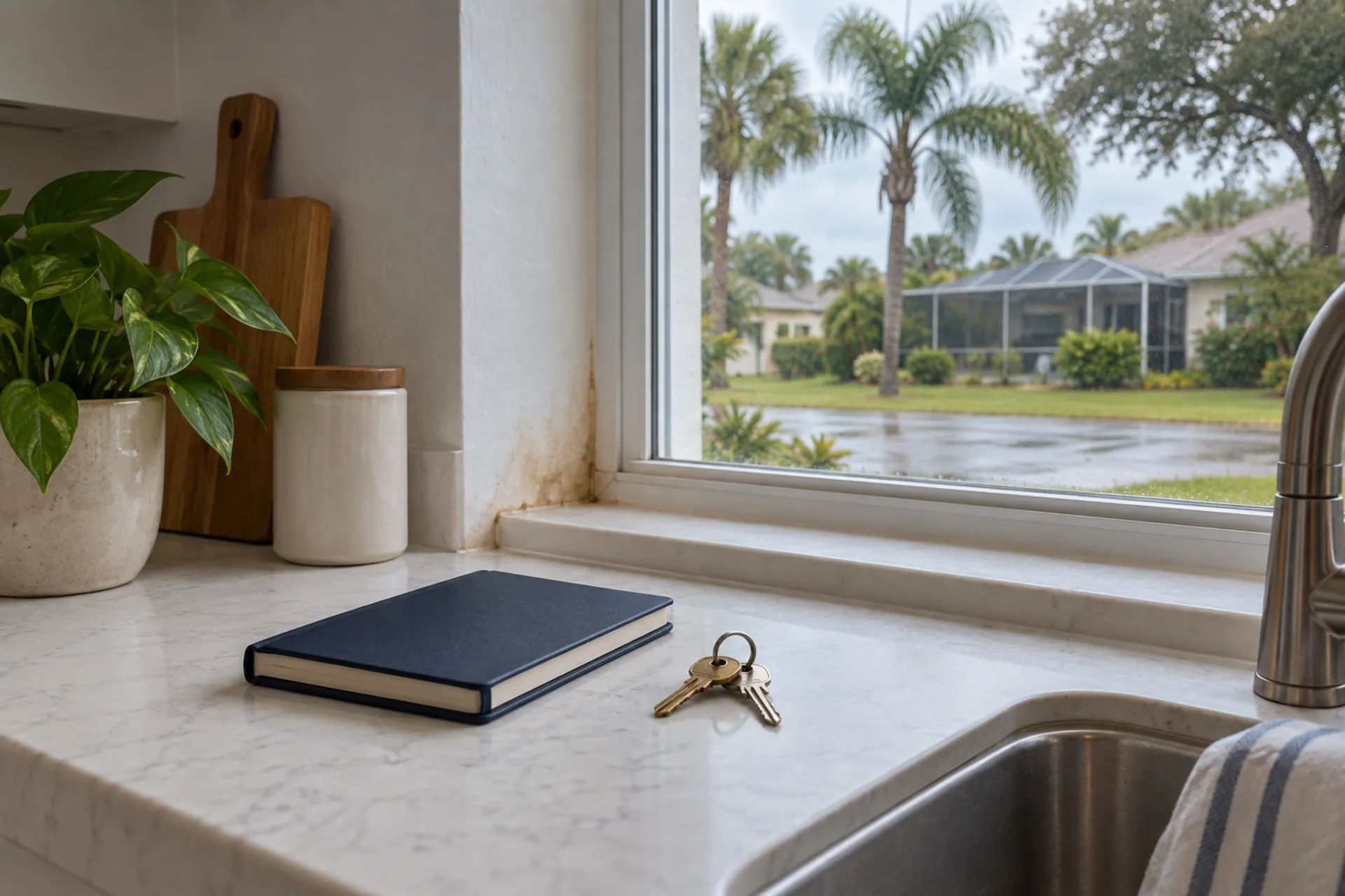 A closed notebook and house keys on a kitchen counter beside a stained wall.