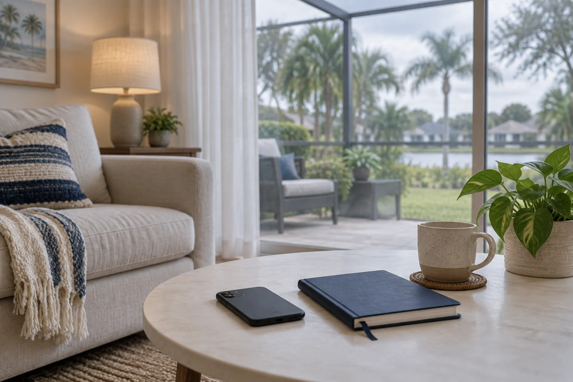 A phone and closed notebook beside a living-room window.