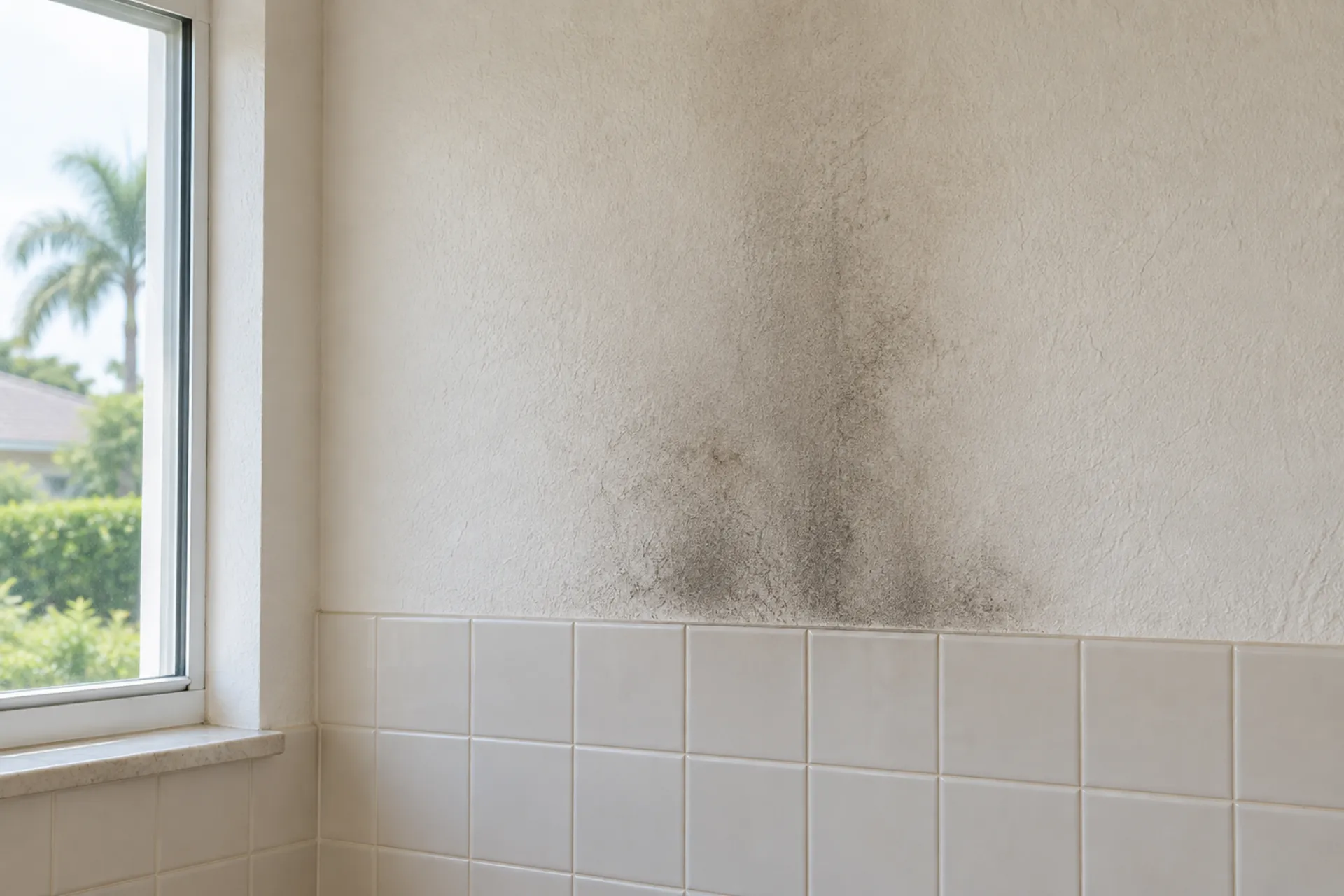 Gray smoke marks on a cream wall above a pale tiled backsplash.