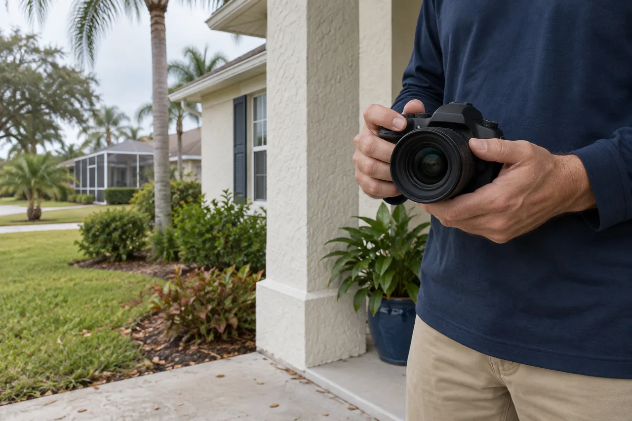 Hands holding a camera on a stucco porch.