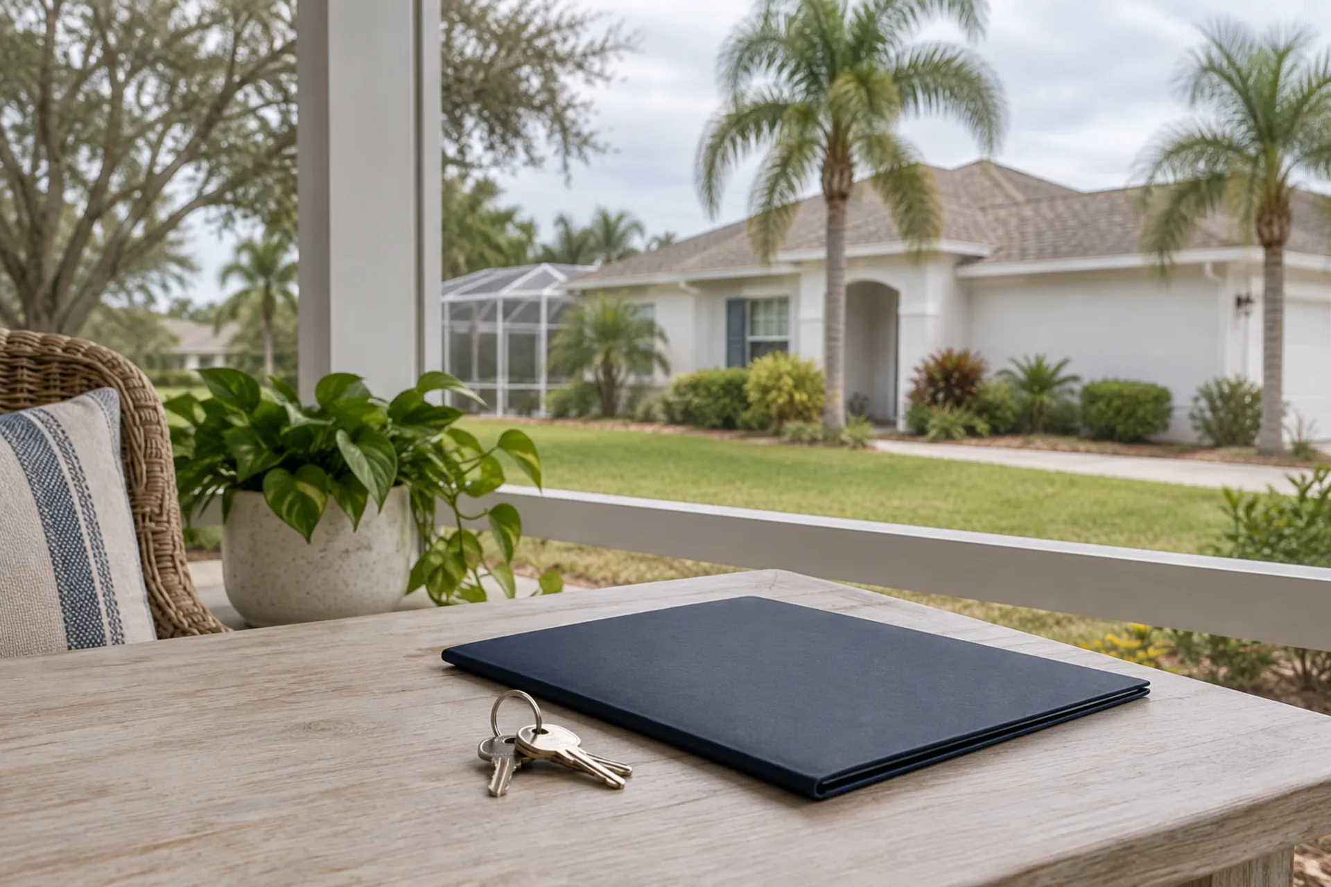 Una carpeta azul marino cerrada y llaves de casa sobre una mesa junto a una ventana.