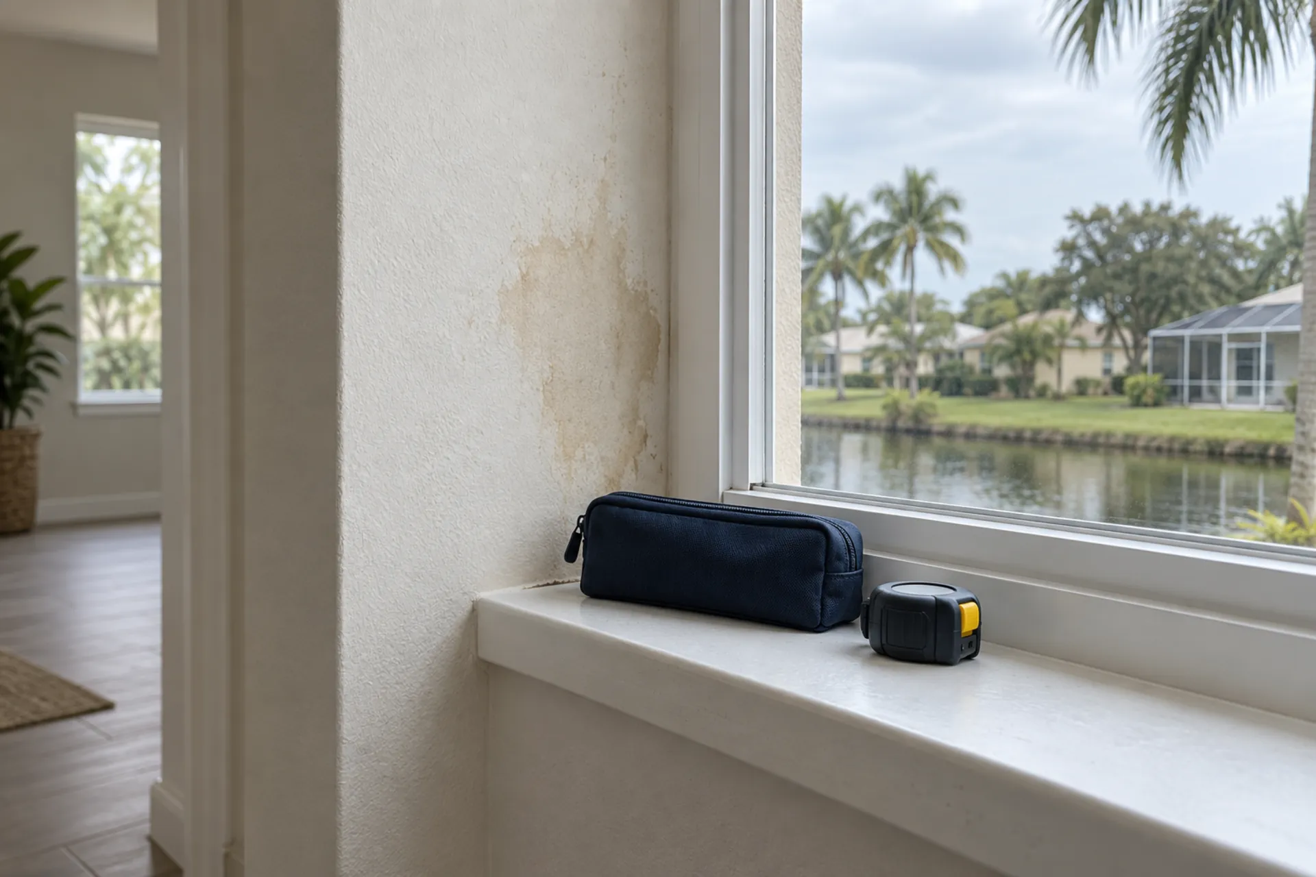 A closed tool pouch and measuring tape beside a stained wall.