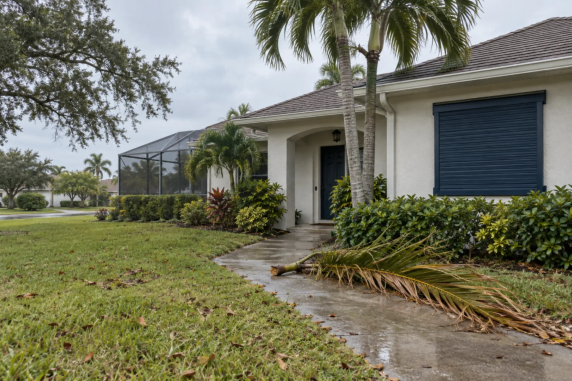 A stucco home with closed shutters and a fallen palm frond on the path.