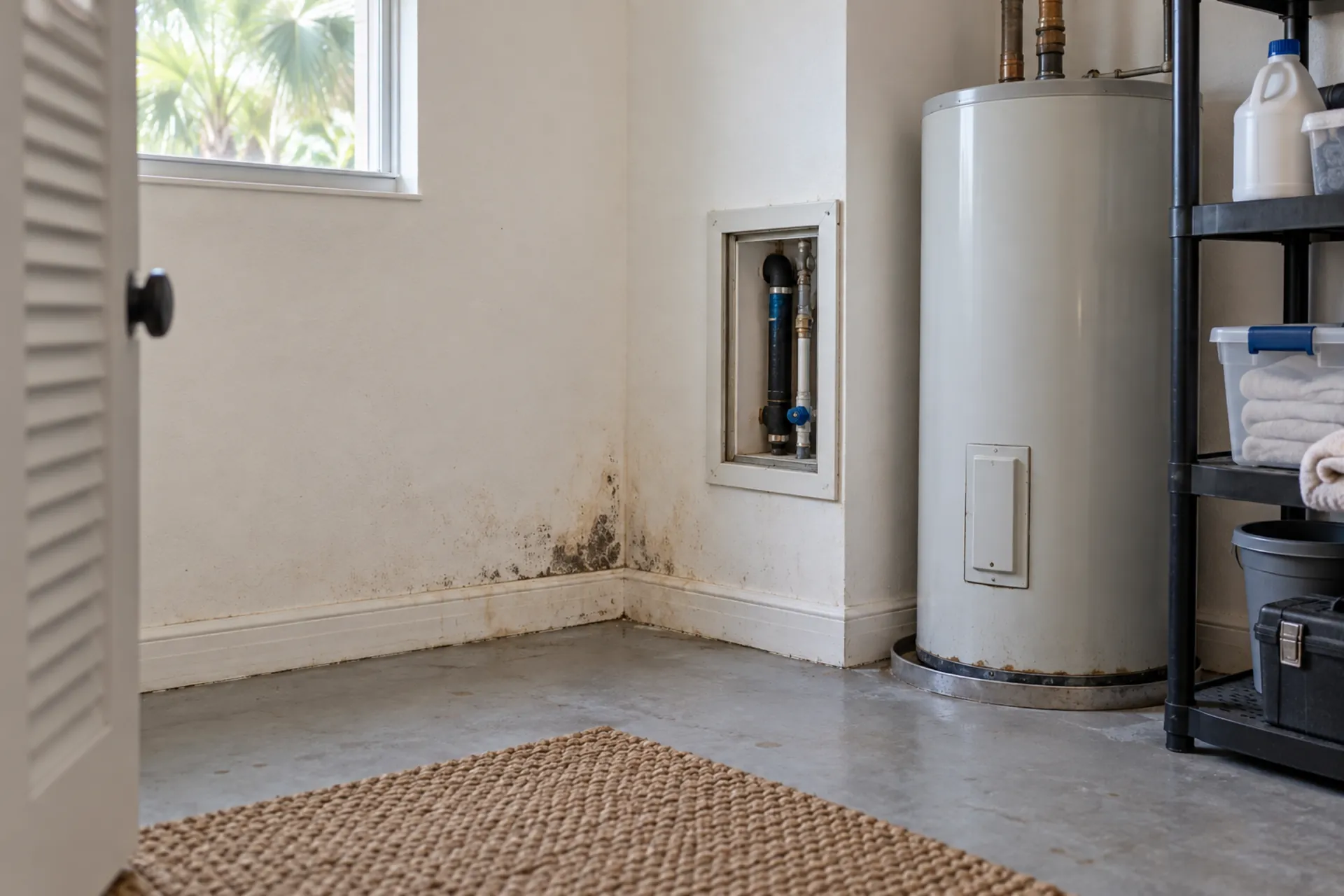 Dark spotting and discoloration near the base of a utility-closet wall.