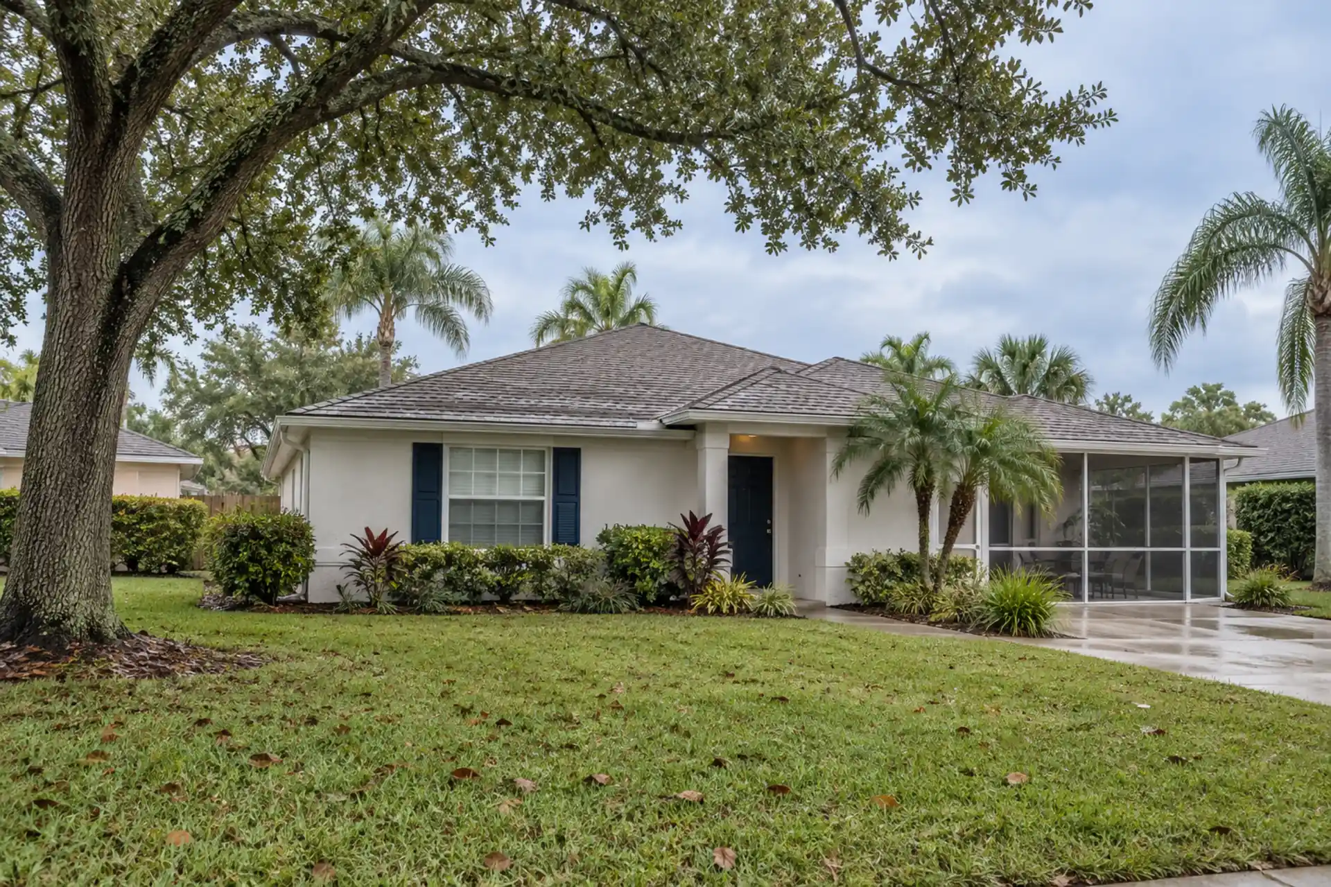 White stucco house with a shingle roof beneath a live oak.