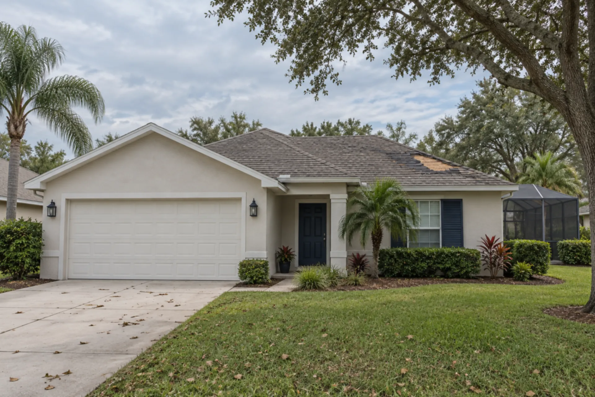 A white stucco home with a small patch of missing roof shingles.