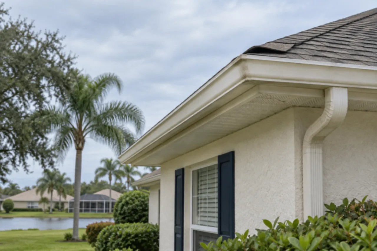 A gutter, vented soffit and shingle roof edge viewed from below.