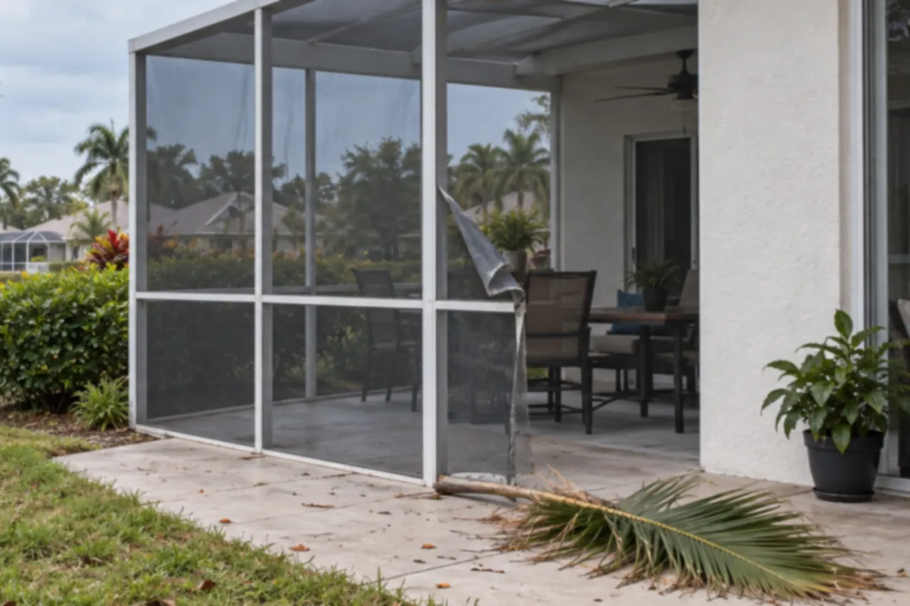 A torn screen panel beside a stucco wall and concrete patio.