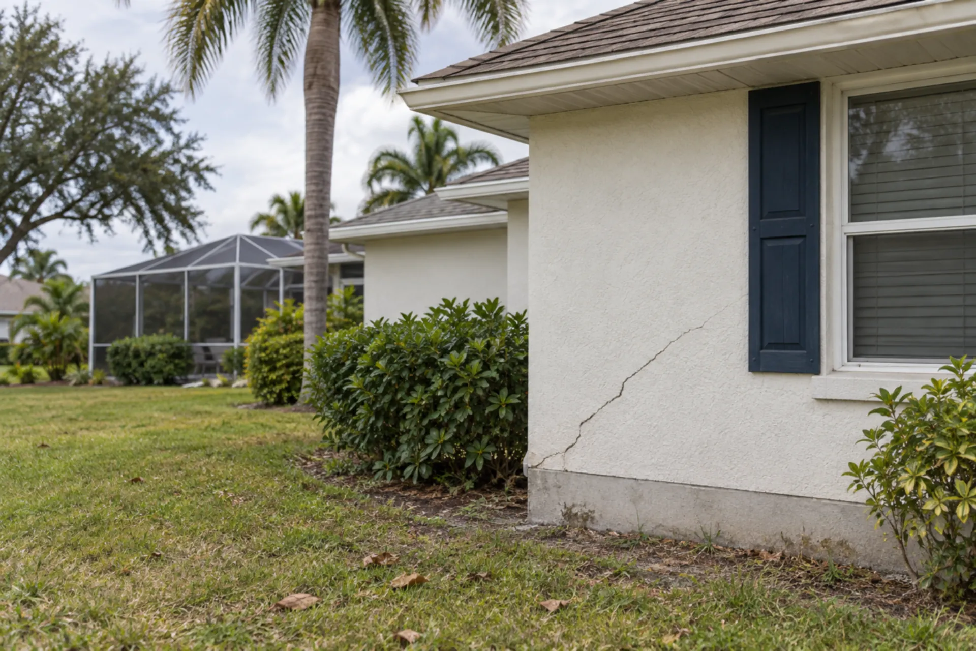 A diagonal crack in a stucco wall above the concrete foundation.