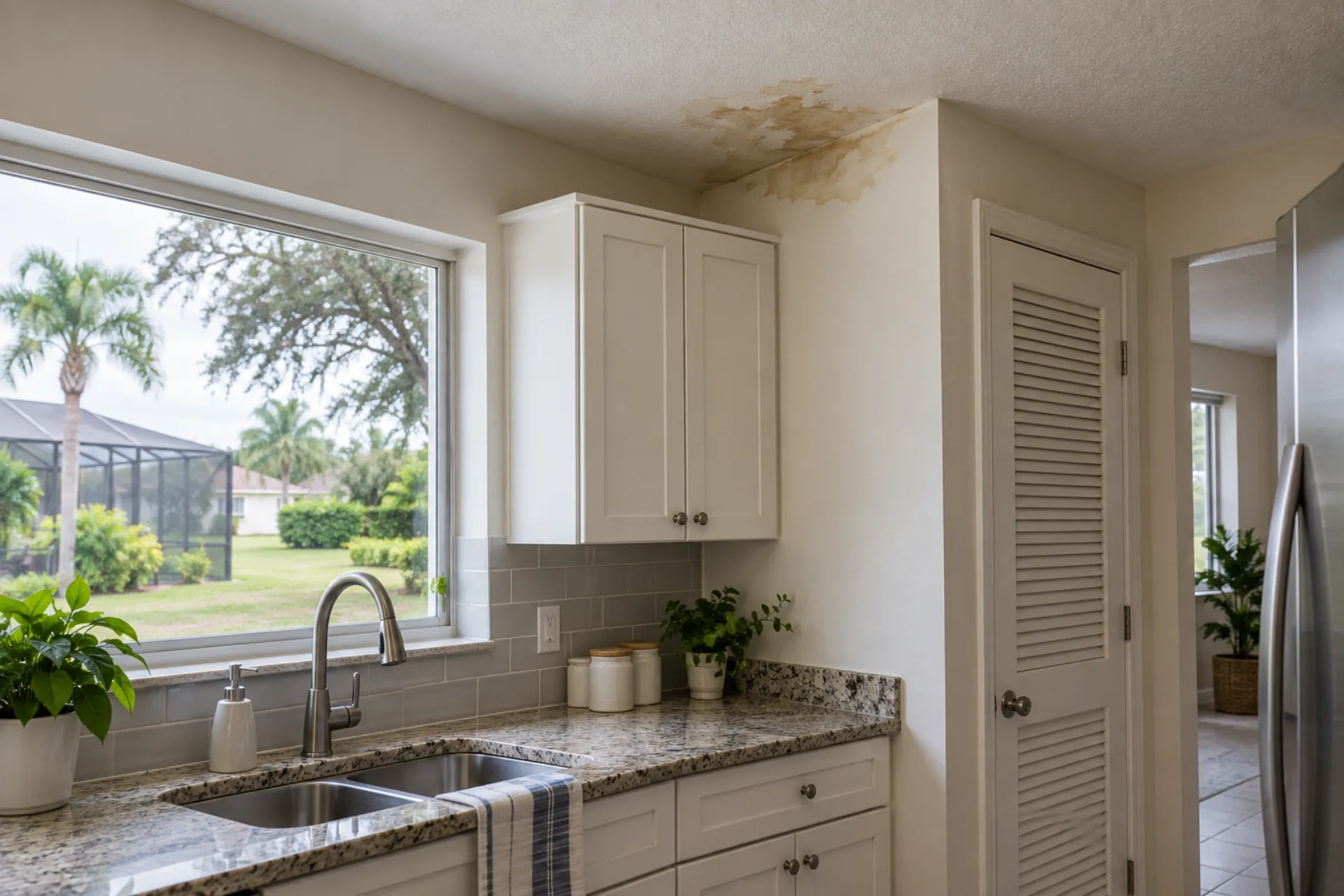 A water stain on a white kitchen ceiling beside a closet.